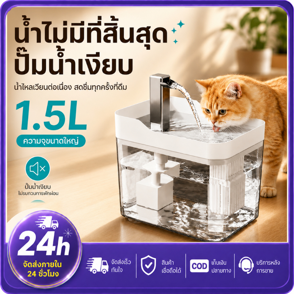 PETWELL น้ําพุแมว 1.5L น้ําพุสัตว์เลี้ยง อัตโนมัติ ปั๊มน้ําเงียบ ลิตร กรองแบบวงจร ลดเสียงรบกวน