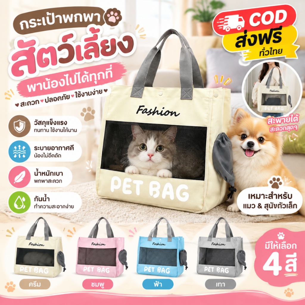 กระเป๋าสะพายพาสัตว์เลี้ยง ตาข่ายระบายอากาศดี สะพายได้/หิ้วได้ เหมาะแมวและสุนัขขนาดเล็ก มี4สีให้เลือก พับเก็บได้
