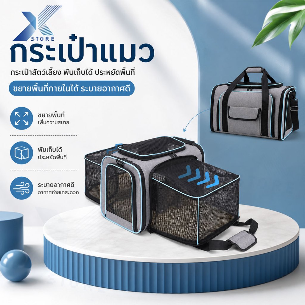Xstore กระเป๋าสัตว์เลี้ยง กระเป๋าแมวสําหรับเดินทาง แบบถือและสะพายไหล่ ขยายได้ พับเก็บได้ พกพาสะดวก