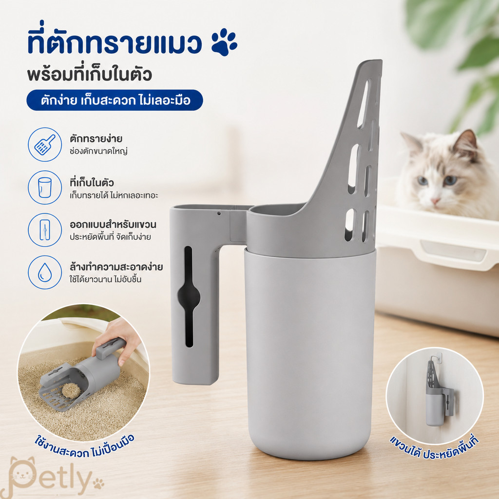ที่ตักทรายแมว 2-in-1 พร้อมถังขยะในตัว ด้ามยาว แข็งแรง (แถมฟรีถุงขยะ)