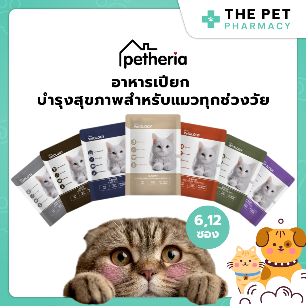 6ซอง,12ซอง) Petheria VetOLOGY เพ็ทเทอเรีย เปียกแมว คัดสรรวัตถุดิบพิเศษ Human Grade ไม่เติมเกลือ 80 กรัม