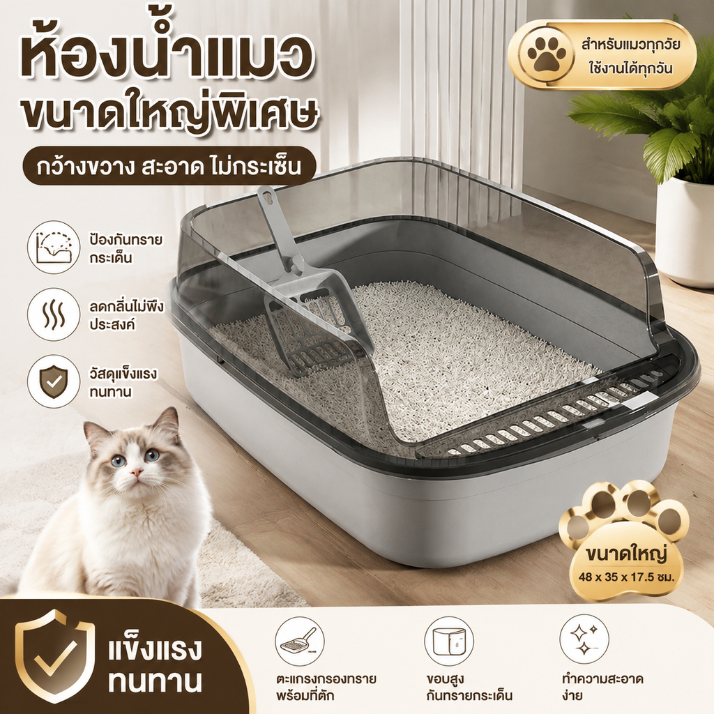 ห้องน้ําแมว ขอบสูงป้องกันทรายกระเด็น ขนาดใหญ่ 48.5x34.5x13.58ซม