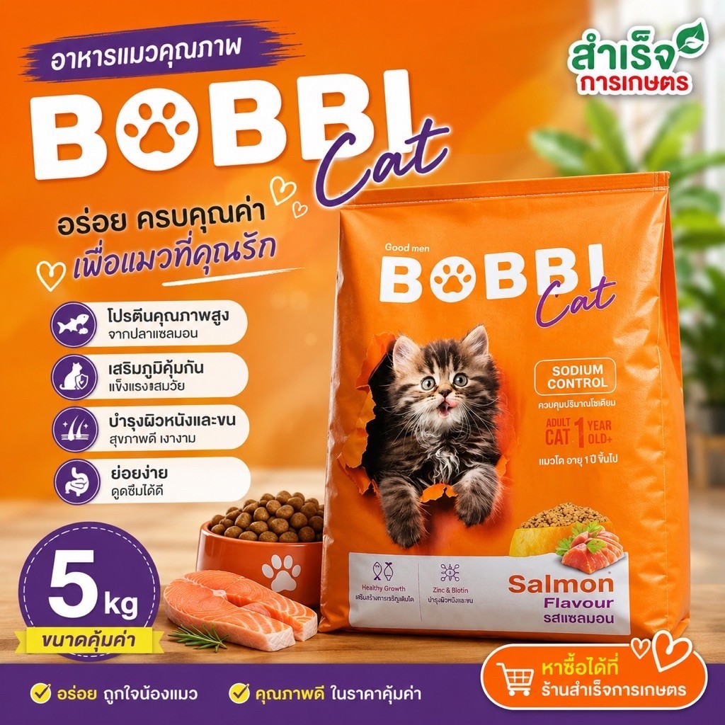 BOBBI CAT อาหารแมวโต รสแซลมอน 5 กก. สูตรควบคุมโซเดียม อาหารแมวชนิดเม็ด บํารุงผิวหนังและขน(บ๊อบบี้แคท)