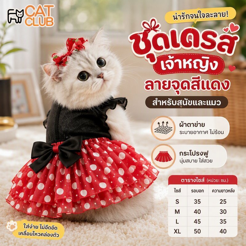 ชุดเดรสสุนัข ชุดแมว เดรสเจ้าหญิงสีแดงลายจุด โบว์น่ารัก ผ้าตาข่ายระบายอากาศ กระโปรงฟู ใส่สบาย ไซส์