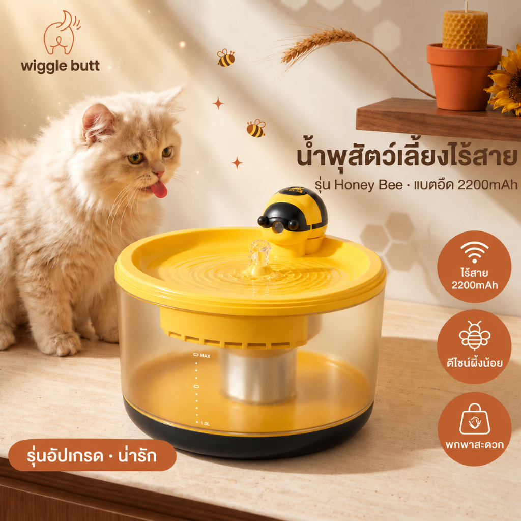 WiggleButt]น้ําพุแมว น้ําพุไร้สาย สําหรับสัตว์เลี้ยง แบตเตอรี่ 2200mAh ใช้งานได้นาน ไม่ต้องเสียบสายไฟ