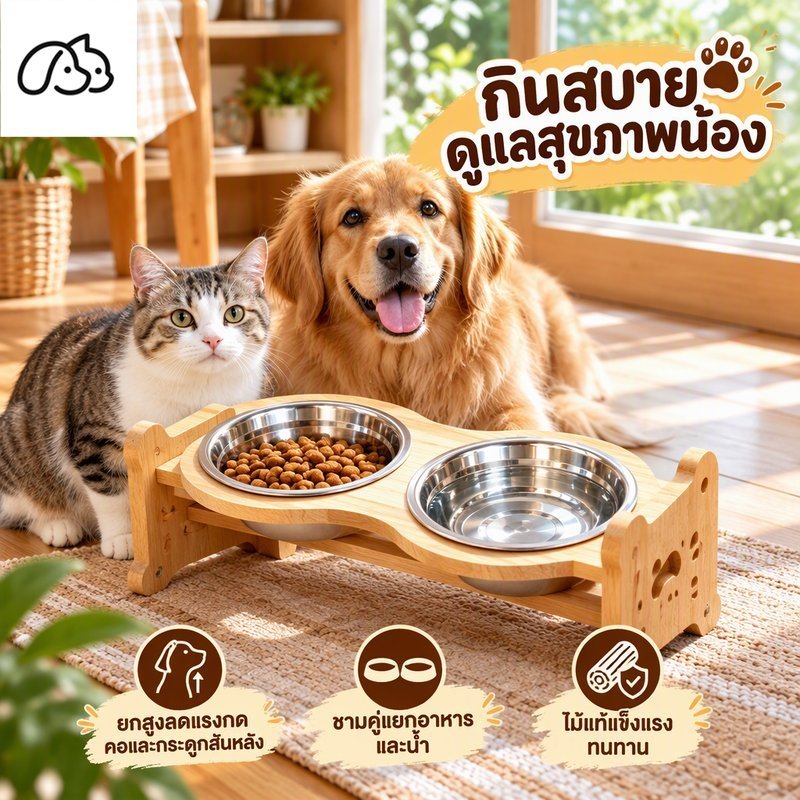 ชามอาหารสัตว์เลี้ยงยกสูง ปรับระดับได้ ฐานไม้ พร้อมชามสแตนเลส ถอดล้างง่าย ชามอาหารแมว ชามอาหารสุนัข
