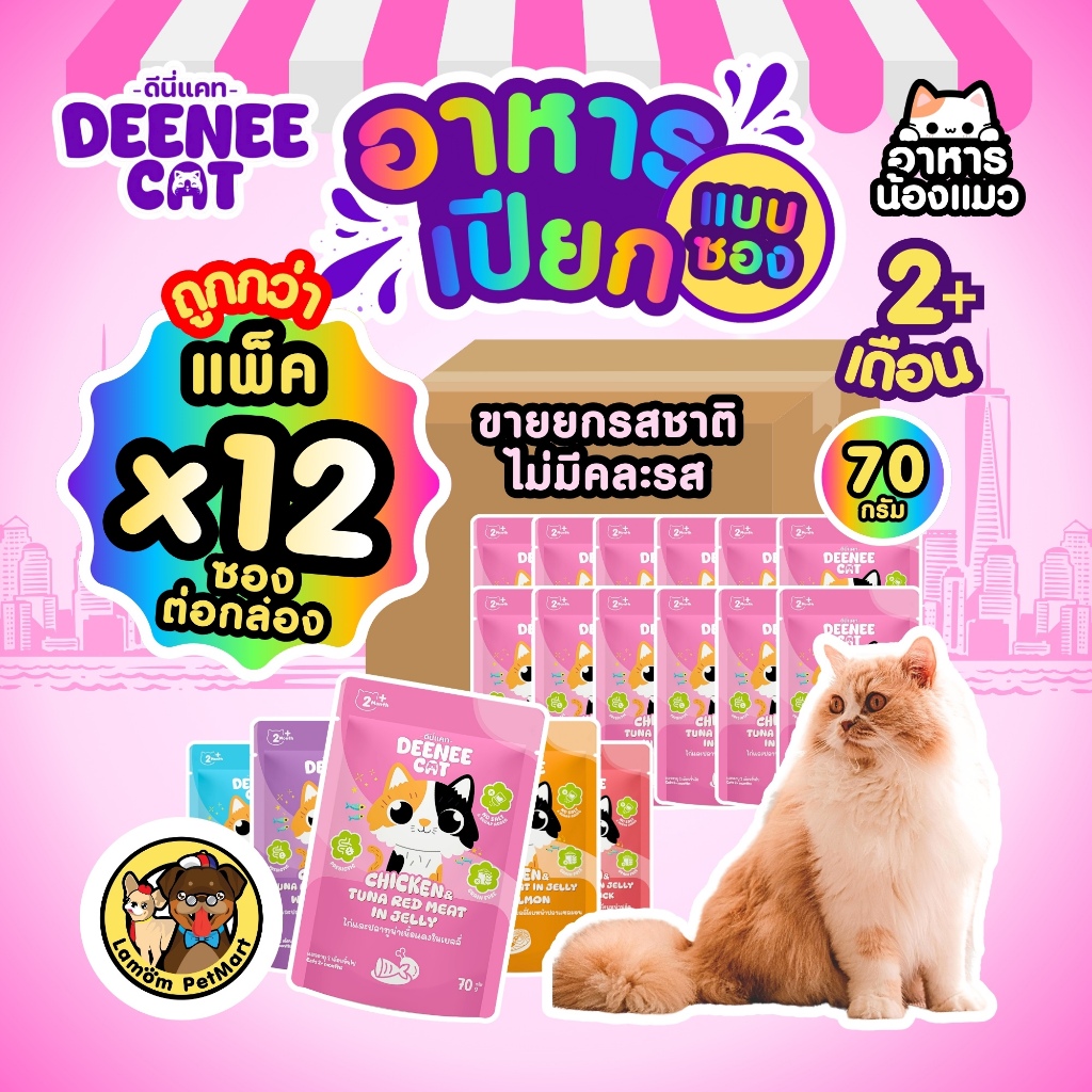 ขายยกกล่อง 12 ซอง) Deenee Cat อาหารเปียกแมวแบบซอง 5 รสในเยลลี่ ไม่เติมเกลือ ดีต่อลําไส้ ราคาประหยัด
