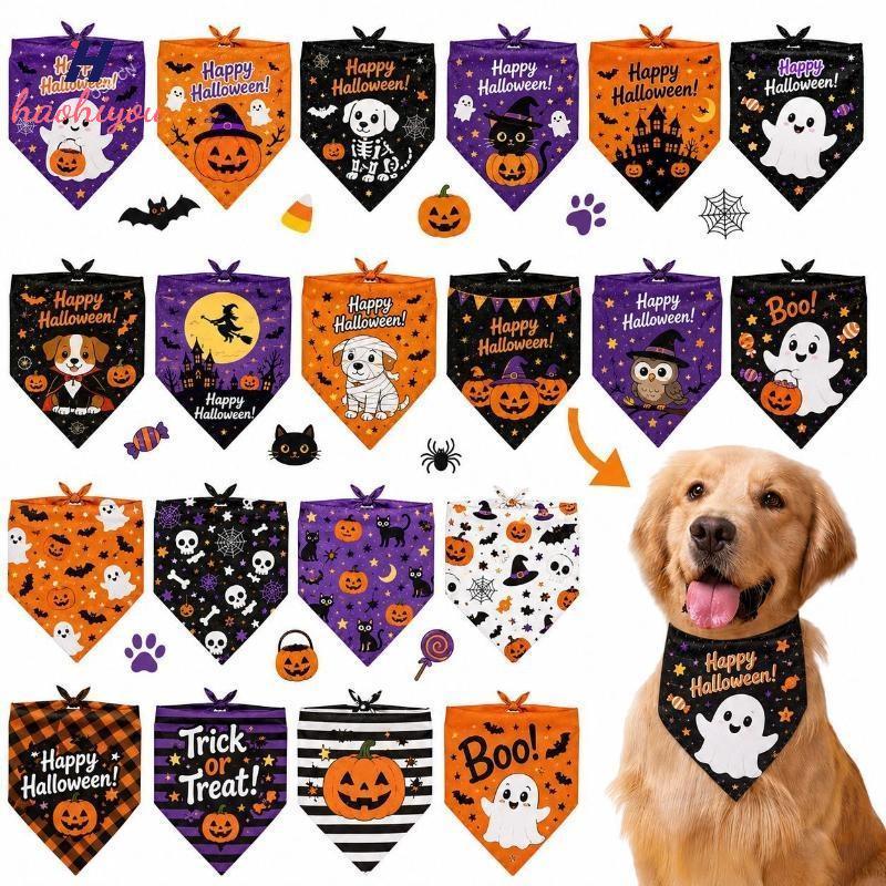 haohiyou> ฮาโลวีนสัตว์เลี้ยงสามเหลี่ยมทําความสะอาดง่าย Ghost Pumpkin Bat พิมพ์ผ้าพันคอสําหรับสุนัขแมวฮาโลวีน Home Gathering คอสเพลย์สวมใส่ Nice