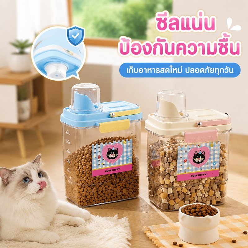 กล่องเก็บอาหารสัตว์เลี้ยง ถังใส่อาหารแมว อาหารสุนัข ฝาปิดล็อคแน่น กันชื้น มีถ้วยตวง 2000 2500 มล