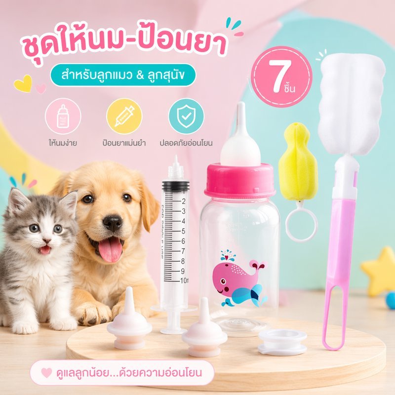 ขวดนมชุด+เเปรงล้างสําหรับน้องหมา แมว คุณภาพดี นิ่มเหมือนจุกนมเเม่ เซต7ชิ้น พร้อมไซริงค์ ป้อนยา 125มล