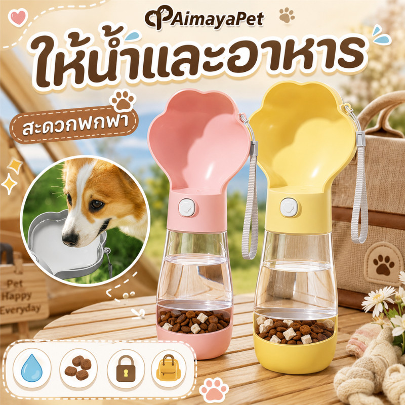 กระบอกน้ําสุนัขพกพา ให้น้ําและอาหาร 2in1 สําหรับสุนัขแมว สะดวกพกพา ไม่รั่วน้ํา