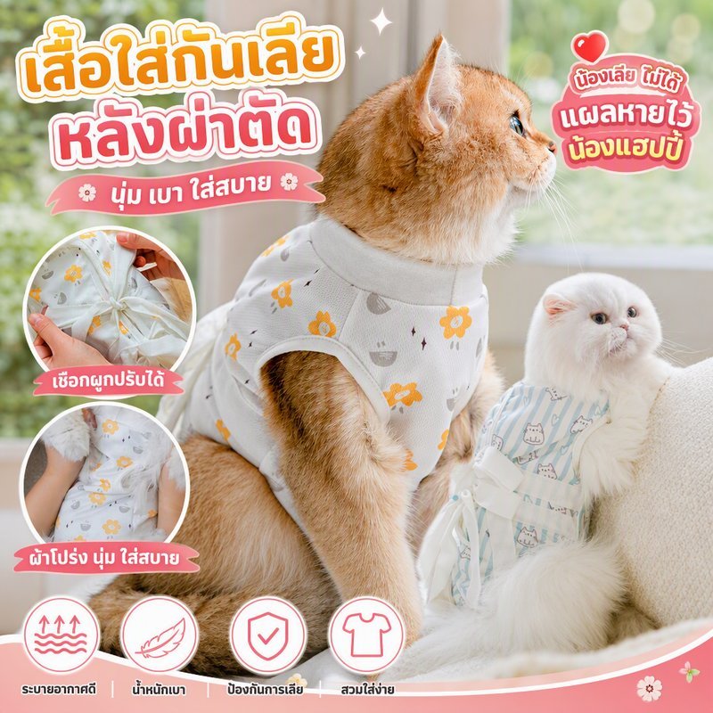 ชุดทําหมันแมว ชุดหลังผ่าตัด ชุดกันเลียแผล ผ้าตาข่าย เสื้อหลังผ่าตัด ป้องกันไม่ให้หลุด