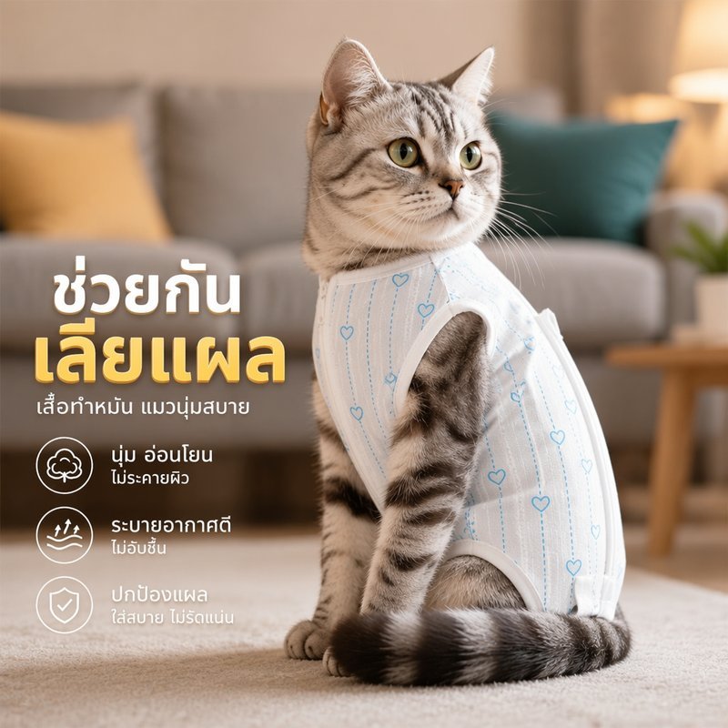 เสื้อหลังผ่าตัด แมว สุนัข เสื้อทําหมัน ชุดกันเลียแผล ผ้าคอตตอน นิ่ม ตีนตุ๊กแก ใส่ง่าย