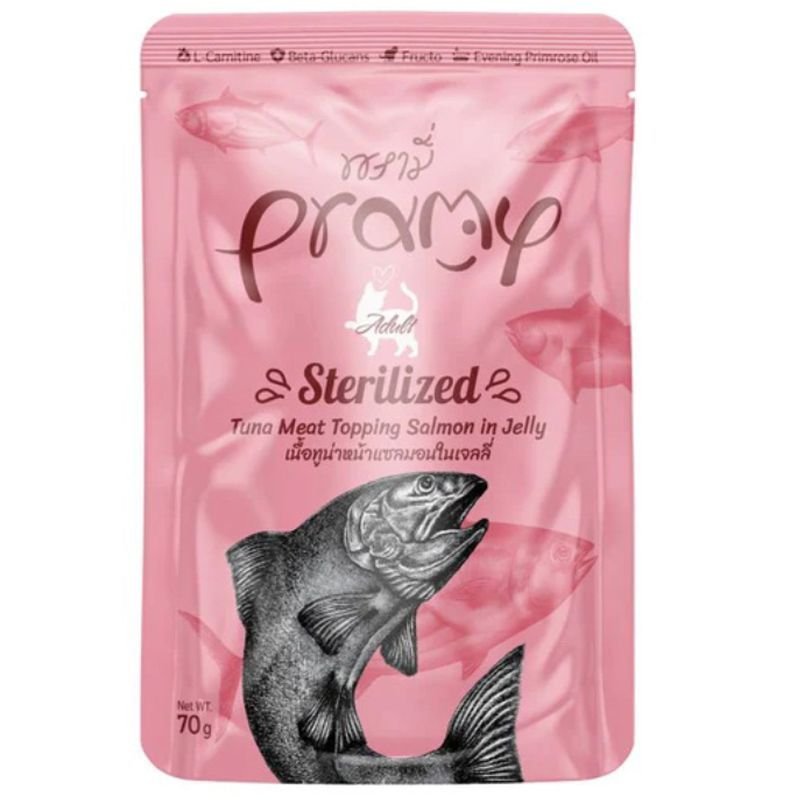 พรามี่อาหารแมวรสทูน่าหน้าแซลมอนในเจลลี่ 70กรัม Pramy Cat Food Tuna Meat Topping Salmon in Jelly 70g