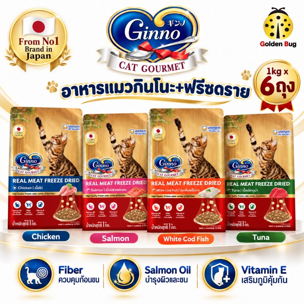 ยกลัง x6] Ginno กินโนะดราย อาหารแมว ชนิดเม็ด ผสมฟรีซดราย 1 kg Dry Food with Freeze-Dried Meat