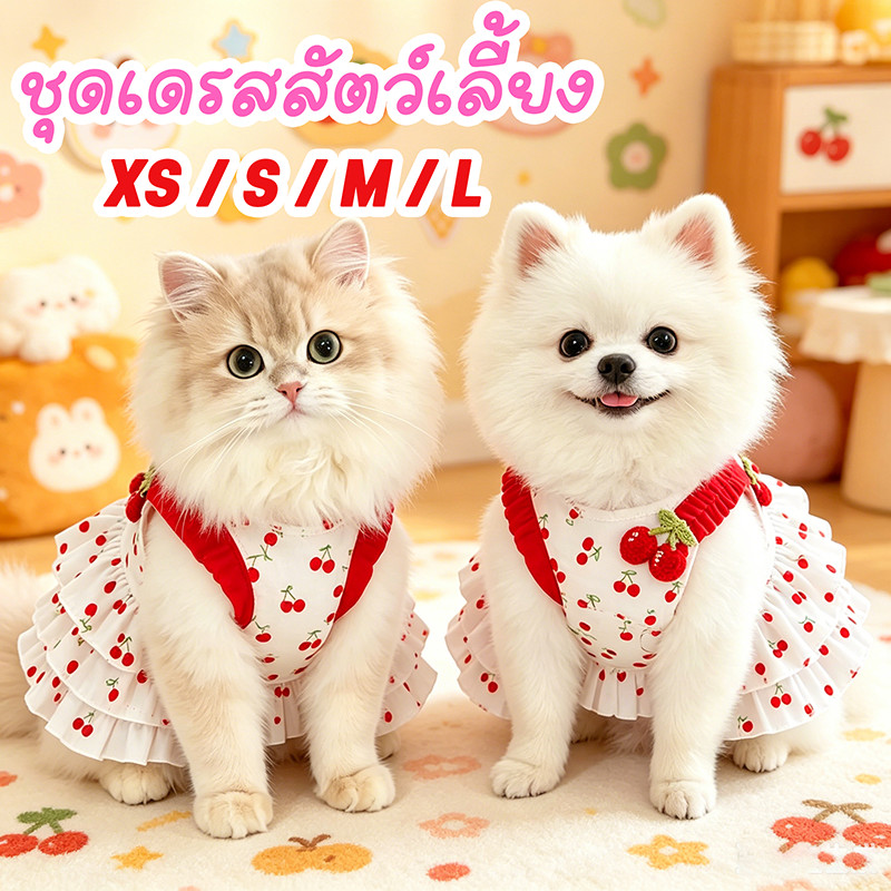 New ชุดเดรสสัตว์เลี้ยง กระโปรงสัตว์เลี้ยงที่มีลวดลายเชอร์รี่ สไตล์เจ้าหญิง เสื้อผ้าหมาแมว ใส่สบาย