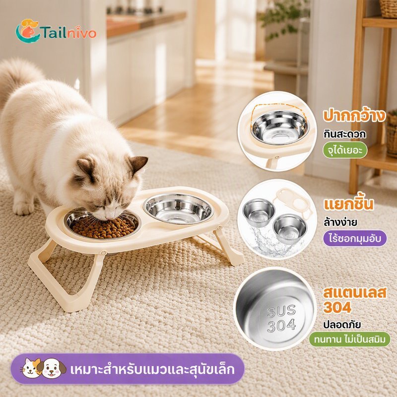 ขาตั้งชามอาหารสัตว์เลี้ยงป้องกันการหายใจไม่ออกปลายปากขนาดใหญ่ความจุขนาดใหญ่ 304 สแตนเลสที่ถอดออกได้