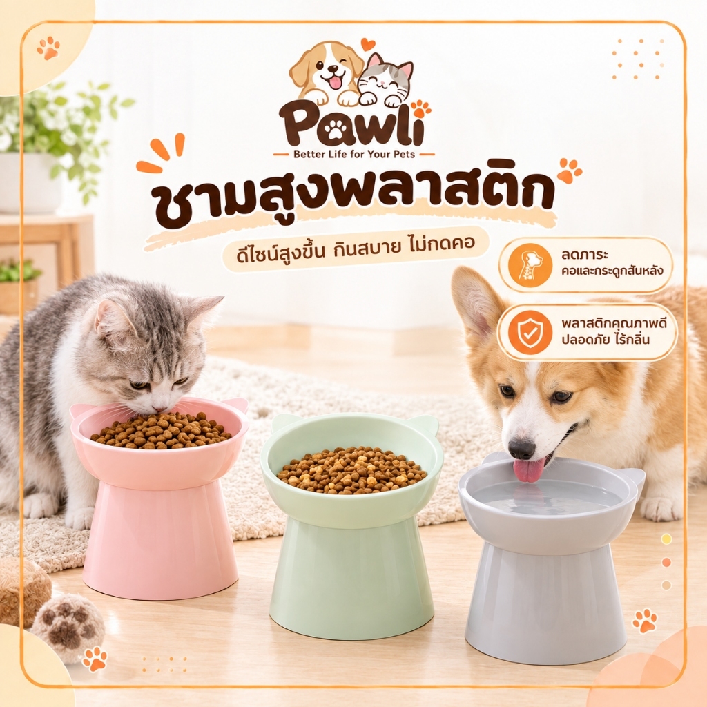 ชามอาหารสัตว์เลี้ยงพลาสติก สไตล์นอร์ดิก ยกสูงทรงเอียง พร้อมขาตั้ง 3 สีให้เลือก กินง่าย สําหรับแมวและสุนัข