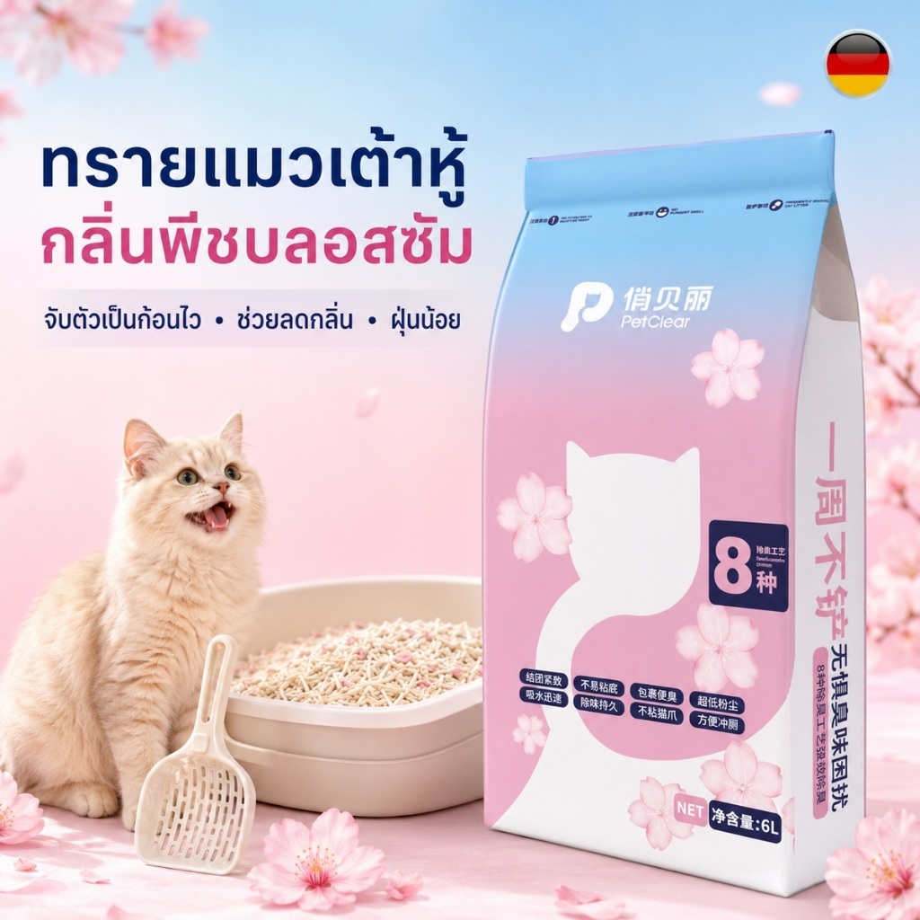 ทรายแมวเต้าหู้ PetClear กลิ่นพีชบลอสซัม 6L จับตัวไว ช่วยลดกลิ่น ฝุ่นน้อย