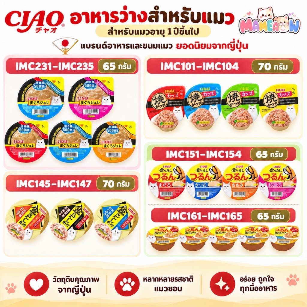 IMC] INABA Ciao อินาบะ เชาว์ อาหารแมวแบบถ้วย 65g-70g (x6 ถ้วย ) ไม่เติมเกลือ