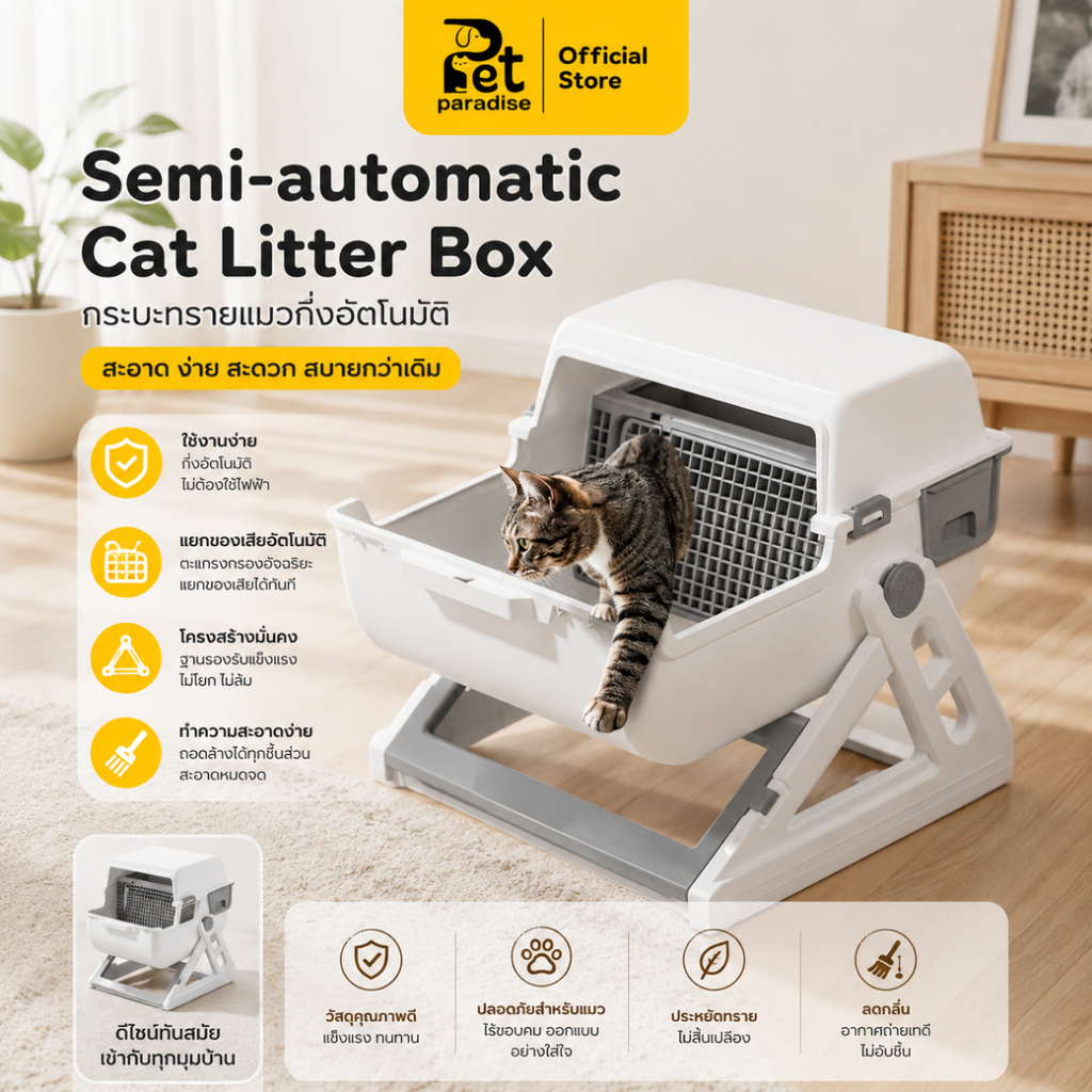 กระบะทรายแมวกึ่งอัตโนมัติ รุ่นCT27 ใช้งานง่าย ประหยัดเวลา รับน้ําหนัก 7kg ถอดแยกชิ้นได้ ระบายอากาศได้ดี