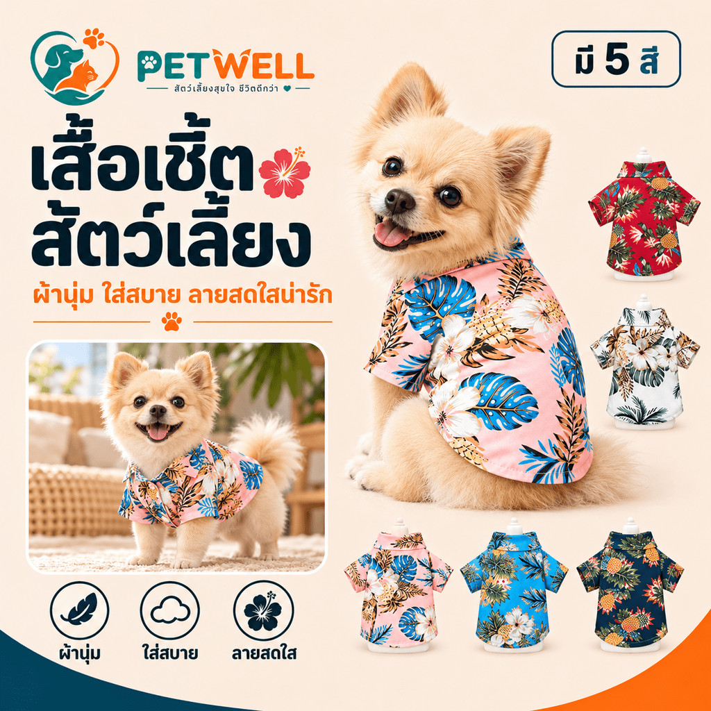 เสื้อชายหาดสัตว์เลี้ยงสไตล์ฮาวาย PETWELL ลายพิมพ์ใบไม้ เสื้อผ้าสัตว์เลี้ยงฤดูร้อนสําหรับลูกสุนัข แมวขนาดเล็กและขนาดใหญ่