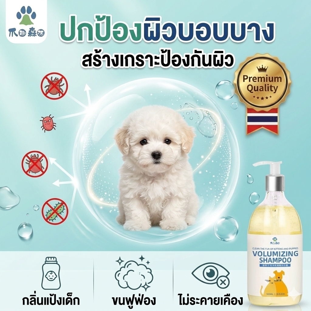 แชมพูหมาแมวเด็ก สูตร Amino Acid ออร์แกนิค ผิวบอบบาง ถนอมผิว ลดระคายเคือง ไม่แสบตา ขนนุ่มฟู หอมกลิ่นแป้งเด็ก ปลอดภัย 500ml