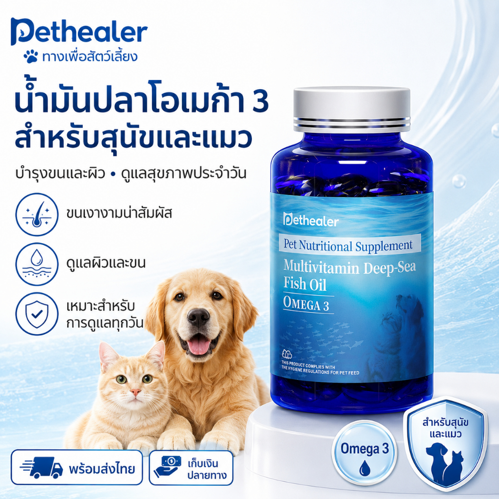 PETHEALER น้ํามันปลา Omega 3 สําหรับสุนัขและแมว บํารุงขนและผิวหนัง 100 แคปซูล ไทย COD