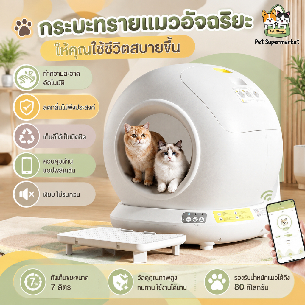 ห้องน้ําเเมวแบบอัตโนมัติ ห้องน้ําแมวอัตโนมัติ เชื่อมแอปได้ การชั่งน้ําหนักอัจฉริยะ ดีไซน์ใหญ่ Automatic Cat Toilet ส้วมแมว
