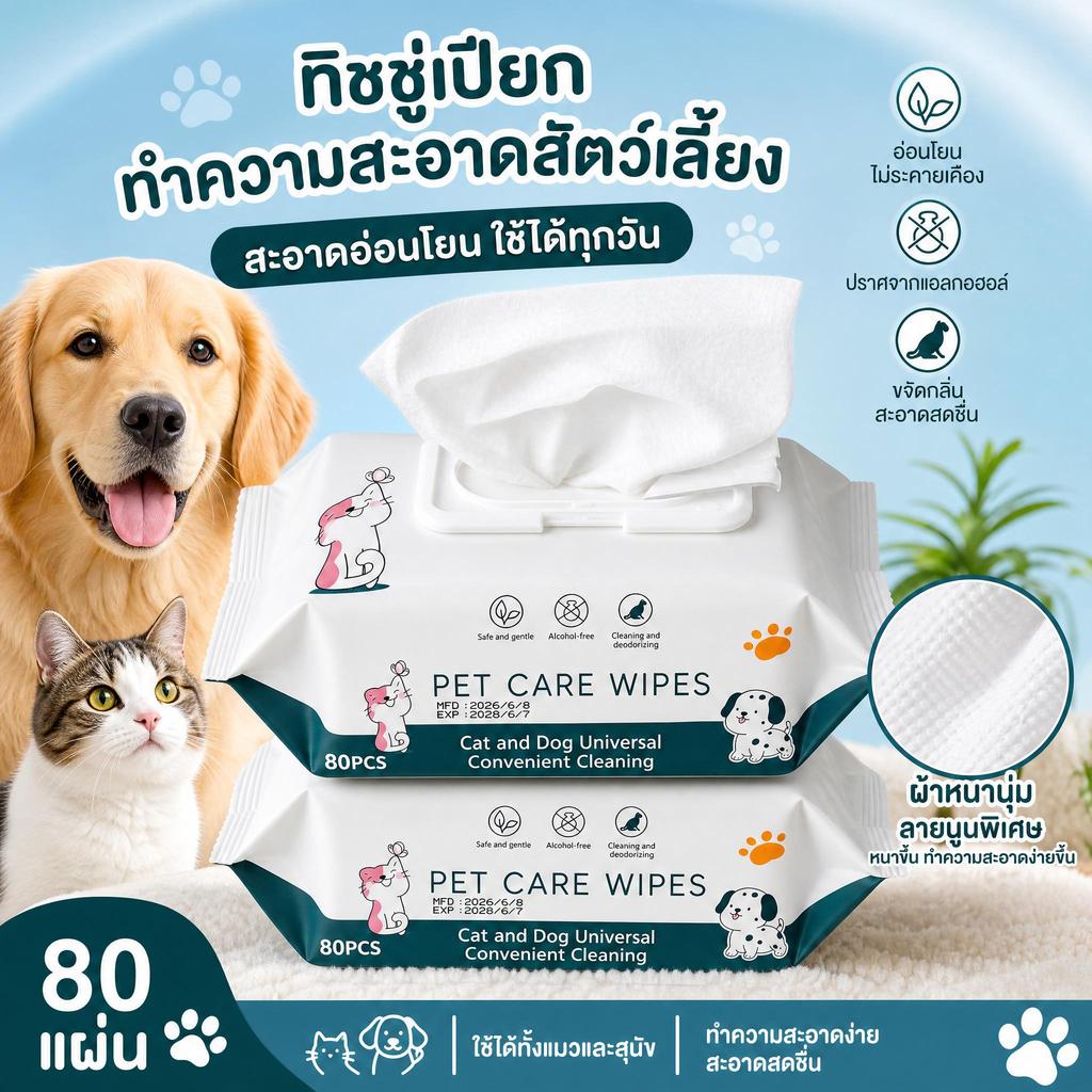 ผ้าเช็ดทําความสะอาดสัตว์เลี้ยงขนาดหนาและใหญ่ขึ้น Pet Care Wipes ทิชชู่เปียก ผ้าเปียก หมา,แมว Pet Wipes