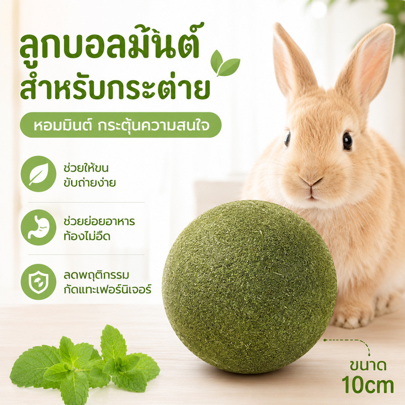 ของเล่นกระต่าย ลูกบอลหญ้ากระต่าย ลูกบอลมินท์ ป้องกันการแทะเฟอร์นิเจอร์ ลูกบอลขนาดใหญ่ 10 ซม