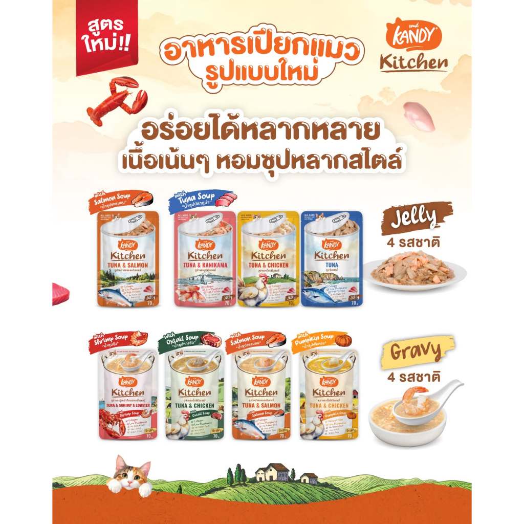 ยกโหล12ซอง] Kandy Kitchen อาหารเปียกแมว แคนดี้ คิทเช่น เนื้อเน้น ๆ หอมซุป หลากสไตล์ ขนาด 70 g