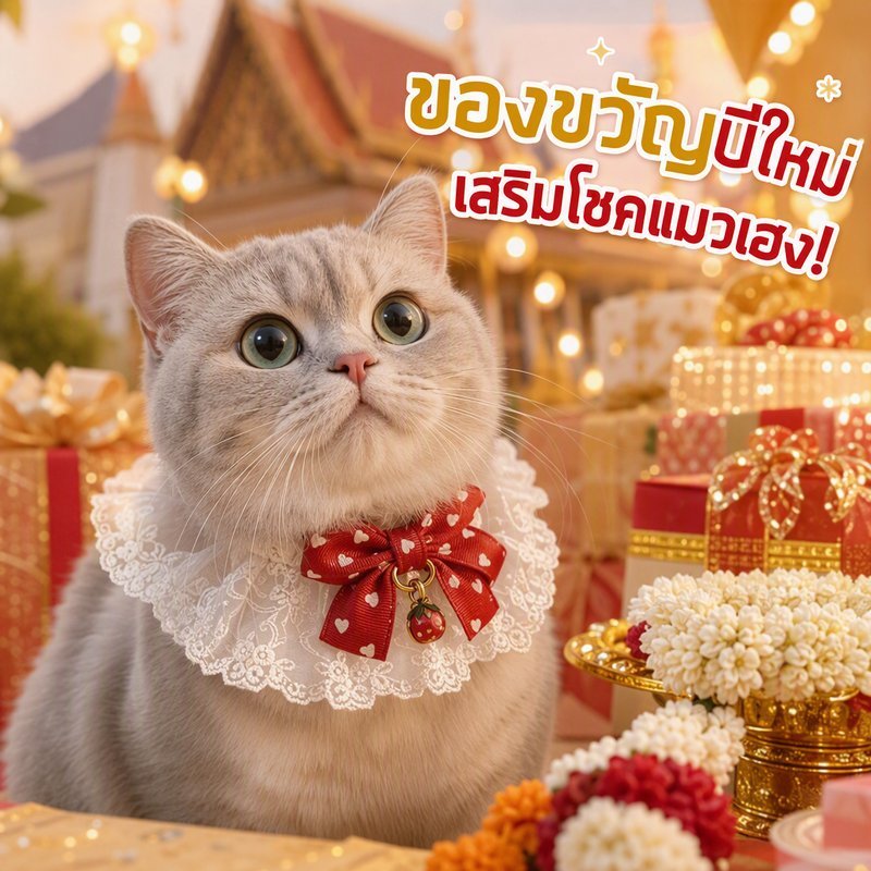 ผ้าพันคอแมว ผ้าพันคอสัตว์เลี้ยง โบว์ลูกไม้ ปลอกคอแมว ปรับได้ เครื่องแต่งกายแมว ปีใหม่