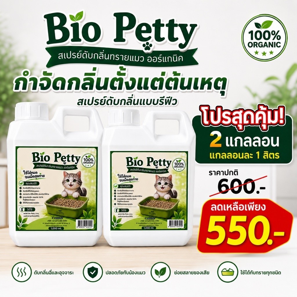 Bio Petty สเปรย์ดับกลิ่นทรายแมวแบบรีฟิล สําหรับโรงแรมแมว คาเฟ่แมว บ้านแมว สูตรออร์แกนิก ขนาด 500ml.-1,000 ml
