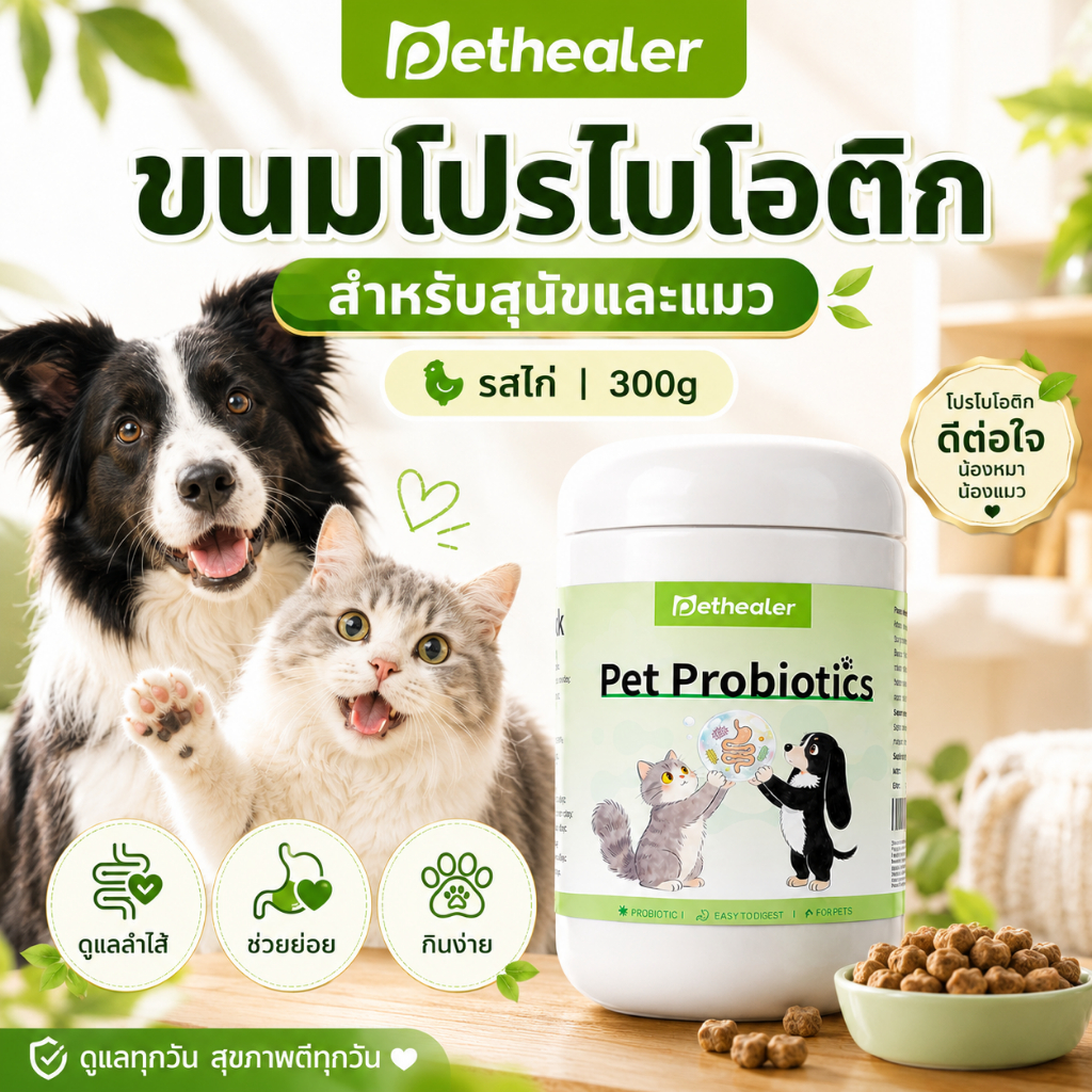 PETHEALER ขนมโปรไบโอติกสําหรับสุนัขและแมว รสไก่ 300g ขนมเสริมโภชนาการ ดูแลลําไส้และระบบย่อยอาหาร กินง่าย