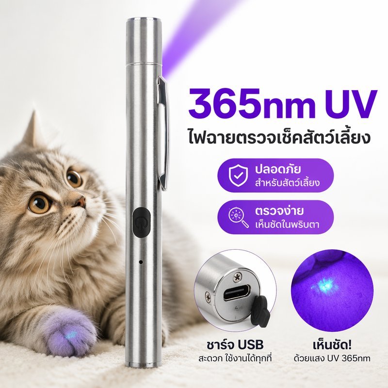 ไฟฉาย UV 365nm ตรวจเชื้อราแมว หมา ไฟฉายแสงวูดส์ ชาร์จ USB แบตในตัว แม่เหล็ก