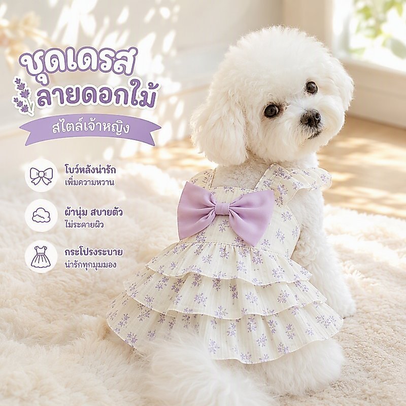 เดรสสุนัข ชุดกระโปรงเจ้าหญิง สายเดี่ยว ลายดอกไม้ ผ้านุ่ม ระบายอากาศ โบว์หลัง สําหรับสุนัขตัวเล็ก