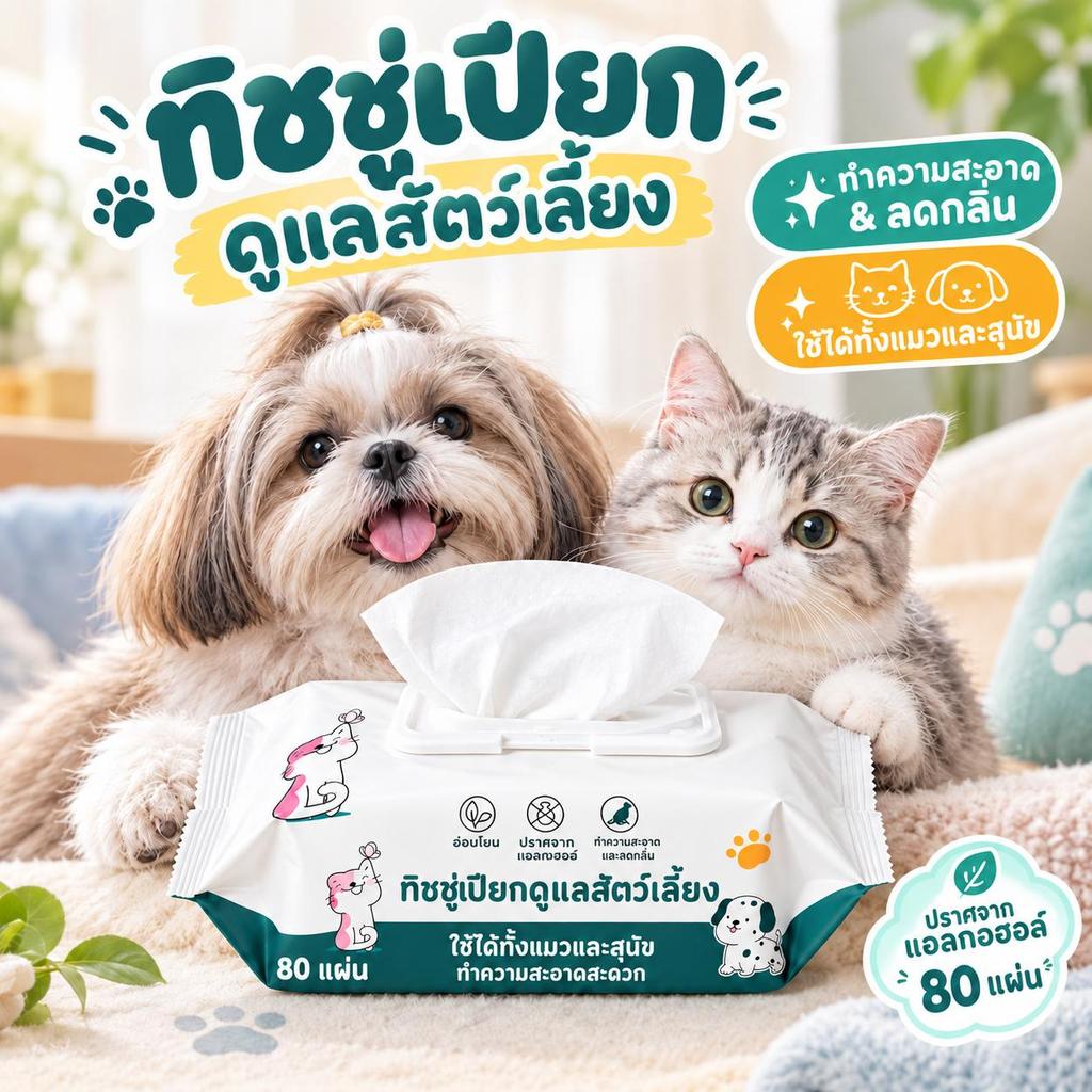 ทิชชู่เปียกสัตว์เลี้ยง ไร้แอลกอฮอล์ อ่อนโยน ลดกลิ่น 80 แผ่น/แพ็ก เช็ดเท้า ตัว หูได้ทุกวัน เหมาะกับแมวและสุนัขทุกขนาด