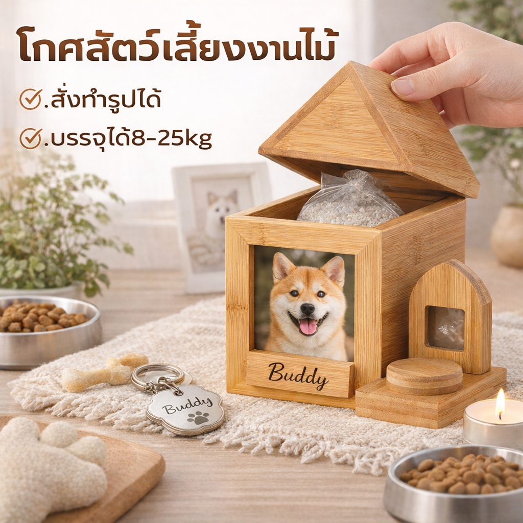 กล่องเก็บอัฐิสัตว์เลี้ยงไม้ พร้อมกรอบรูป สั่งทํารูปได้ สําหรับหมาแมว 8-25kg