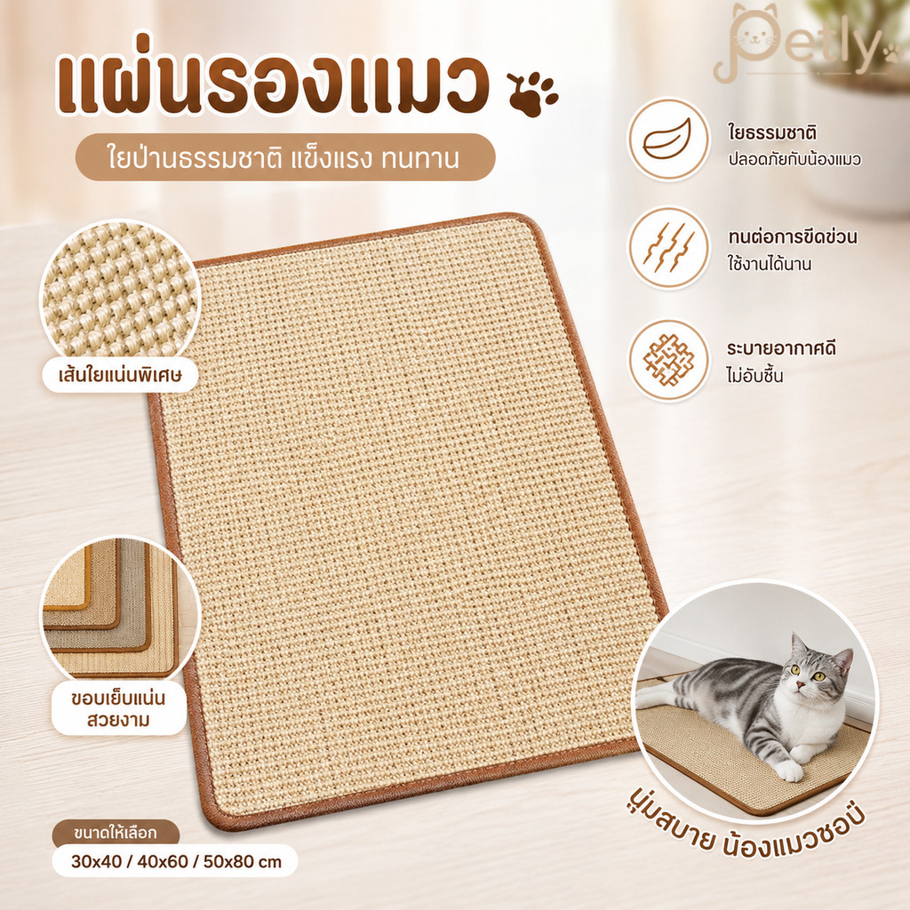 แผ่นลับเล็บแมวใยปอ แผ่นลับเล็บแมว ที่ลับเล็บแมว ปกป้องโซฟาจากรอยขีดข่วนแมว ป่านศรนารายณ์