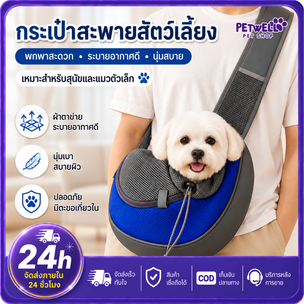 PETWELL กระเป๋าสัตว์เลี้ยง กระเป๋าครอสบอดี้ เป้สะพายหลังใส่แมวและสุนัข พกพาสะดวก เหมาะสําหรับเดินทางและออกนอกบ้าน
