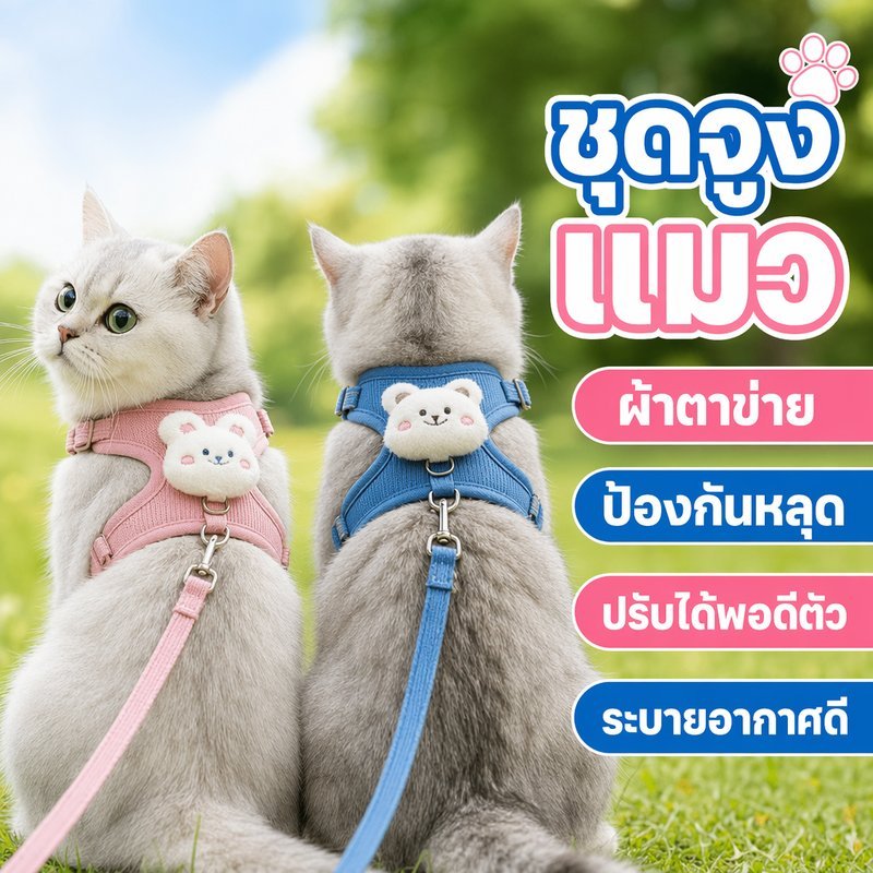 สายจูงแมว เสื้อจูงแมว สายรัดอกแมว ป้องกันหลุด ตาข่ายระบายอากาศ ปรับได้ แมว กระต่าย
