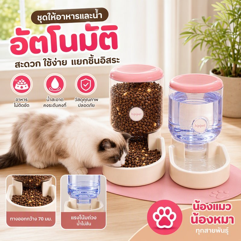 ชุดให้อาหารและน้ําสัตว์เลี้ยงอัตโนมัติ เครื่องให้น้ําแรงโน้มถ่วง ชามอาหารแมวสุนัข ถังอาหารแยกชิ้น