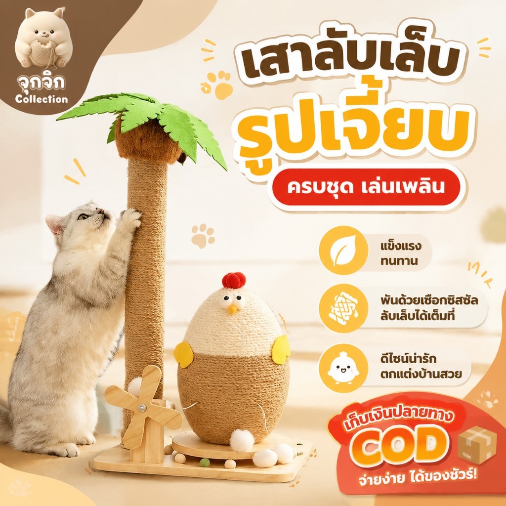 เสาลับเล็บแมว เชือกป่านศรนารายณ์คุณภาพดี ฐานไม้เนื้อแข็ง มั่นคง ไม่ล้มง่าย เหมาะแมวทุกสายพันธุ์ COD