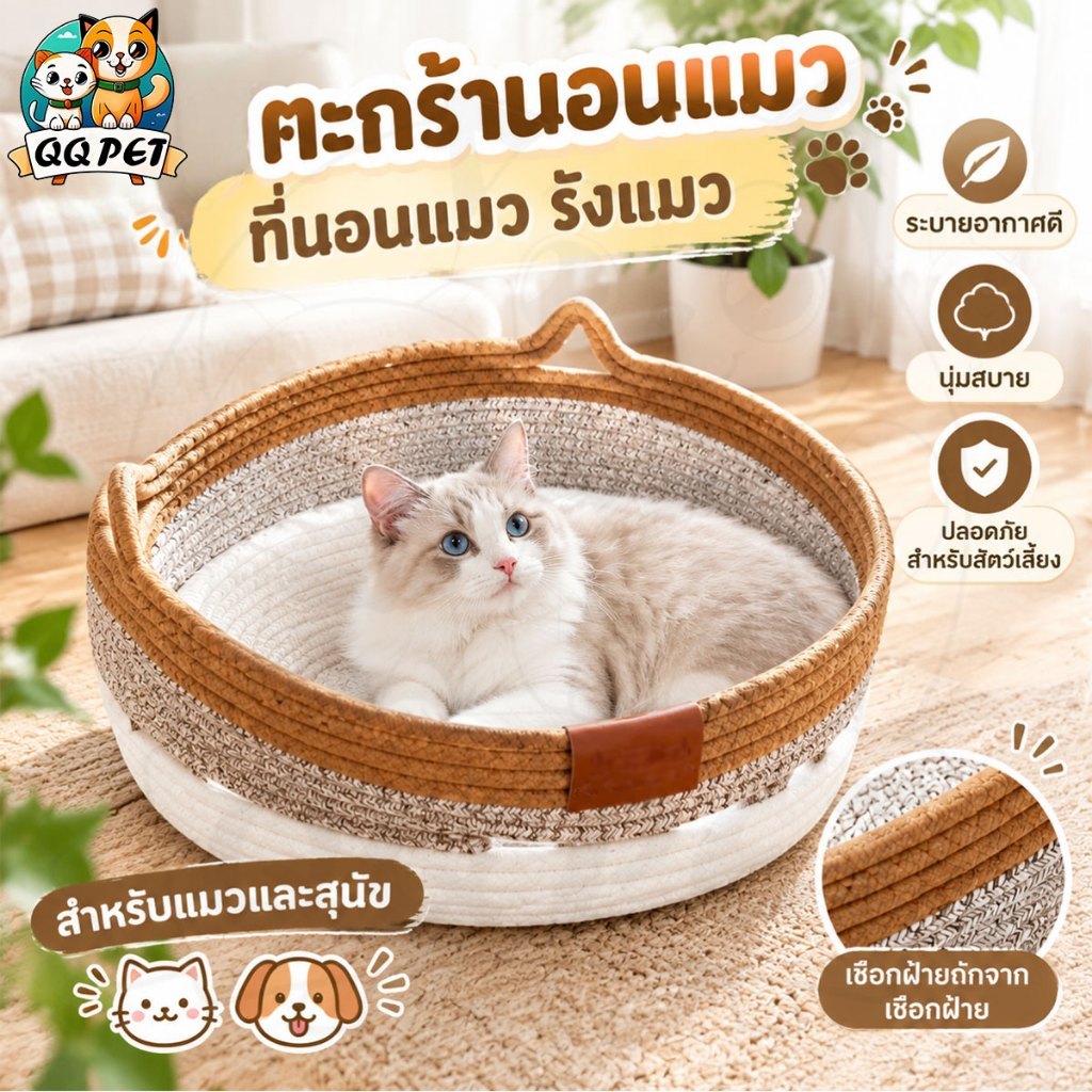 QQ ตะกร้านอนแมว ที่นอนแมว รังแมว ตะกร้าผ้าฝ้ายถักจากเชือกฝ้าย ระบายอากาศดี นุ่มสบาย สําหรับแมวและสุนัข