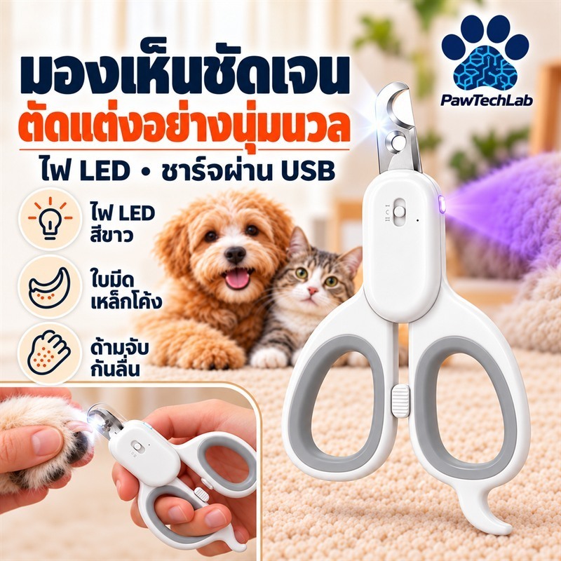 PawTech Lab] LED UV Pet Nail Clipper กรรไกรตัดเล็บแมวสุนัข มีไฟ LED USB Rechargeable UV Light Stainless Steel Curved Blade for Cats Small Dogs Puppies Rabbits