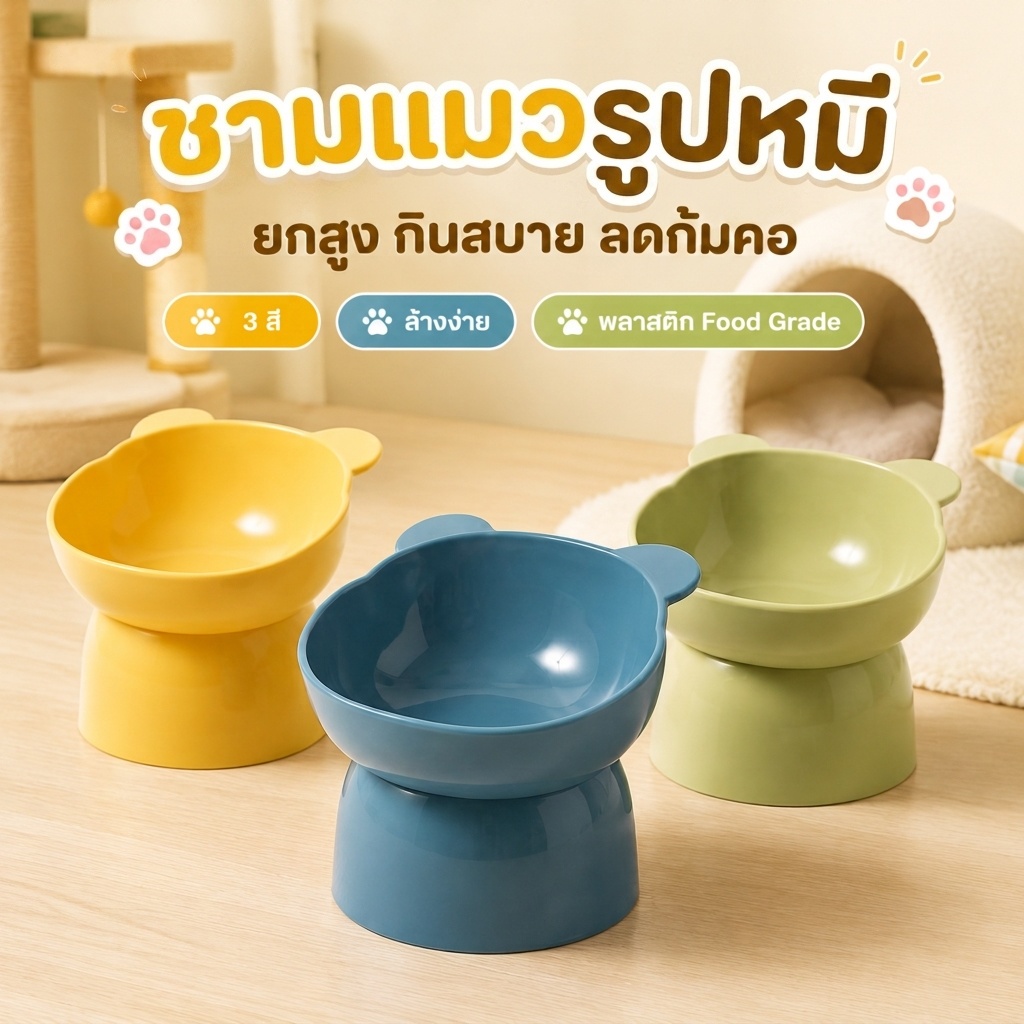 Plendy ชามแมวรูปหมี ชามแมวยกสูง ปกป้องคอแมว วัสดุเกรดอาหาร กันลื่น ทําความสะอาดง่าย 3สี