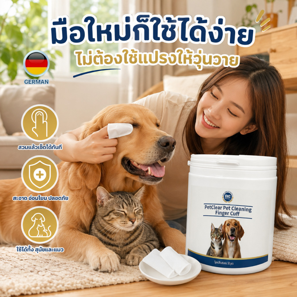 ผ้าเปียกสวมนิ้ว 3in1 เช็ดฟัน/หู/ตา สําหรับสัตว์เลี้ยง ใช้ง่าย ลดคราบพลัค สะอาดลึก (50 แผ่น)