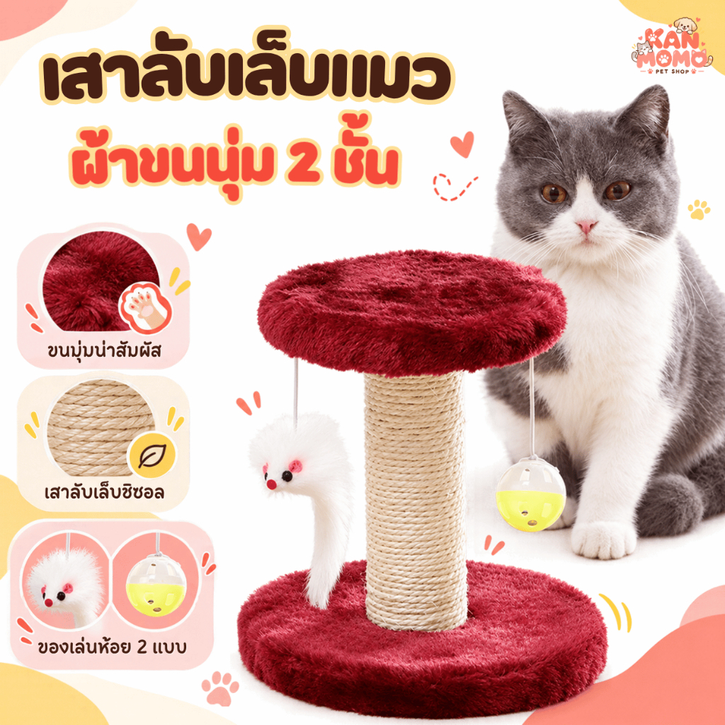 ที่ลับเล็บแมว เสาลับเล็บ คอนโดแมว ผ้าขนสัตว์ ลูกบอล แมว ที่ปีนแมว2ชั้น ประกอบง่าย ของเล่นแมว CC01