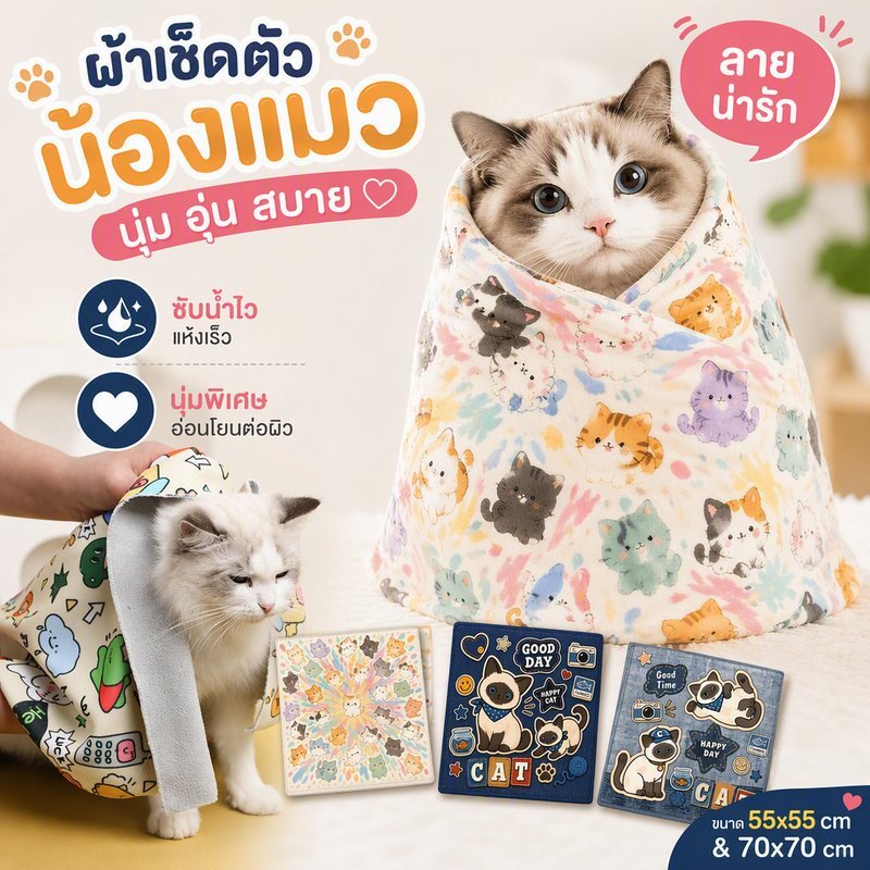 ผ้าห่อตัวแมว ตีนตุ๊กแก กันข่วน สําหรับป้อนยา ตัดเล็บ อาบน้ํา ซับตัว มี 55x55/70x70ซม